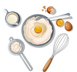 Baking Ingredients & Tools from Top View – Flour Bowl with Eggs, Milk Pitcher, Whisk and Sieve Illustration for Recipe or Kitchen Design
