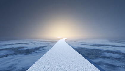 A snowy path winding towards a bright light on a misty horizon, symbolizing a journey or future.