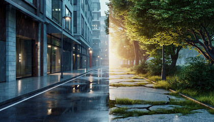 A striking visual contrast between a rainy, modern city street and an overgrown, sunlit natural path.