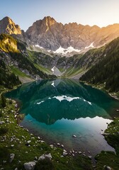 Serene Mountain Lake Reflection at Sunrise Golden Hour.