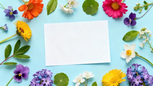 Floral frame invitation : a vibrant arrangement of colorful flowers encircling a blank card, ideal for heartfelt invitations, announcements, or messages.