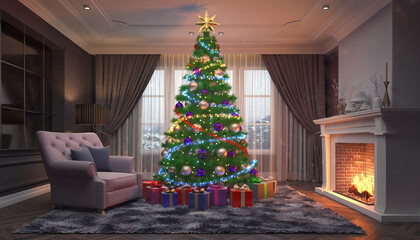 A cozy living room decorated for Christmas with a brightly lit tree, presents, a warm fireplace, and an armchair.