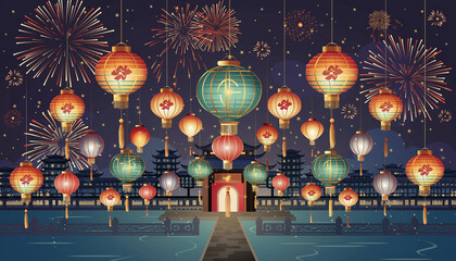 A festive night scene with traditional Chinese lanterns, fireworks, and ancient architecture reflected on water.