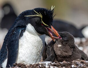 An adult penguin with distinctive yellow crest feeds a chick. The interaction shows care and provision in a wildlife habitat
