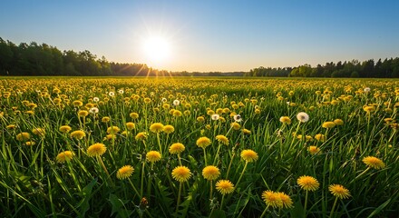 Fototapeta premium Vibrant Dandelion Field at Sunset with Golden Light and Lush Green Grass.