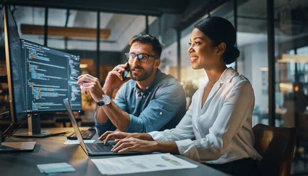 Business Professionals Working in Modern Office with Computers and Coding