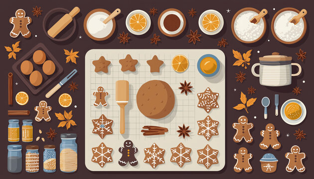 Overhead view of a festive gingerbread cookie baking scene with ingredients, tools, and various shaped cookies on a brown background.