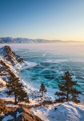 Stunning Winter Landscape of Frozen Lake Baikal with Cracked Ice and Snow-Covered Shoreline at Sunset.