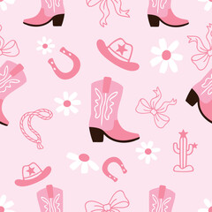 Pink cowgirl seamless pattern vector, western boots, hats, bows, horseshoes, daisies and cactus on pastel background, cute feminine country design for fabric and wrapping.