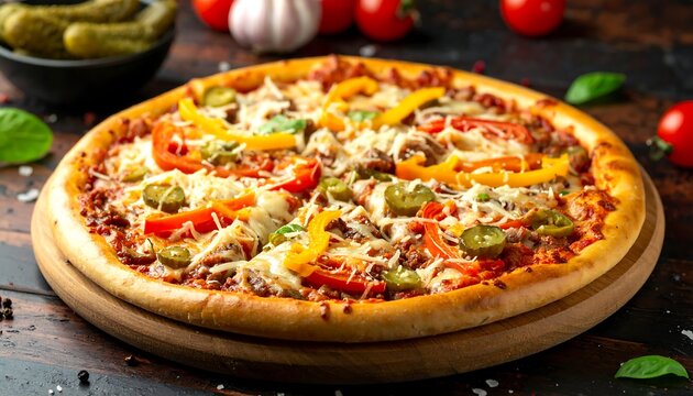 Close-up of a freshly baked, cheesy pizza with colorful bell peppers, jalapenos, and a rich tomato sauce, ready to eat - Powered by Adobe