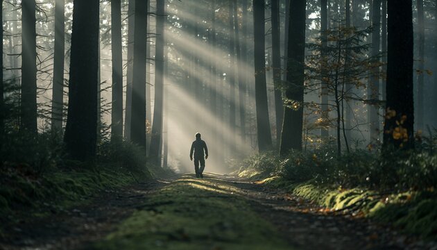 Solitary Person Walking in Sunlit Forest Path During Morning with Rays of Light Filtering Through Trees