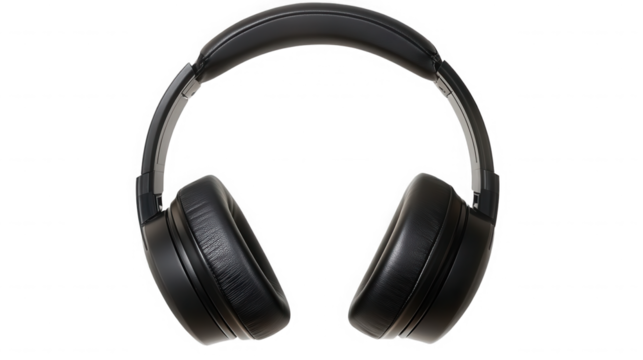 Black wireless headphones isolated on transparent background for listening to music
