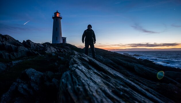 Person Walking Near Lighthouse on Rocky Coast at Sunset with Blue Sky and Ocean