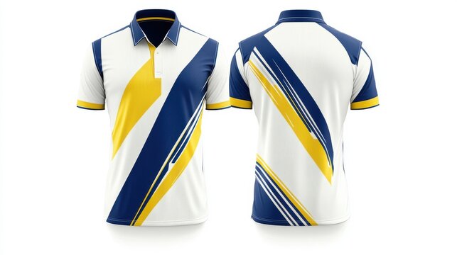 a cricket team jersey mockup, with a combination of blue, yellow, and white hues, featuring diagonal lines and modern geometric shapes,