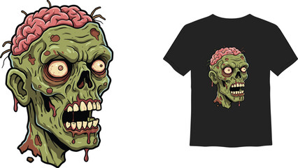Zombie head cartoon, exposed brain illustration, horror character design, Halloween graphic, scary undead face, apparel mockup, stock artwork