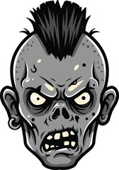 Zombie head cartoon, gray undead face, mohawk hairstyle illustration, horror character design, Halloween graphic artwork, angry monster vector