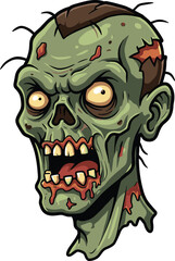 Zombie head cartoon, green undead face, exposed flesh illustration, horror character design, Halloween graphic artwork, scary monster vector, icon