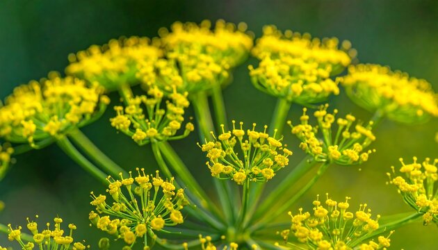 Close-up of delicate yellow flower clusters against a blurred green background, displaying vibrant details