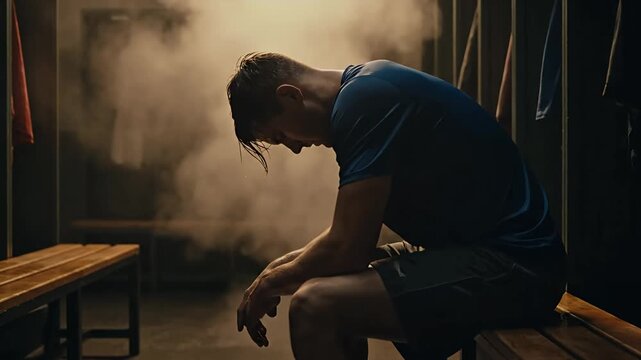 Exhausted Athlete Sitting Alone in Steamy Dark Locker Room After Hard Training