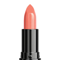 Obraz premium Coral lipstick bullet with black casing against a black background orange pink, Png On White Background, Isolated on Transparent Background, Cut Out