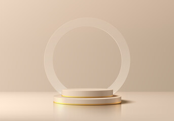 Beige 3D cylindrical podium background with glass circle ring empty space wall scene. Minimalist mockup pedestal. Abstract stands product display presentation, Stage showcase. Platforms vector design.