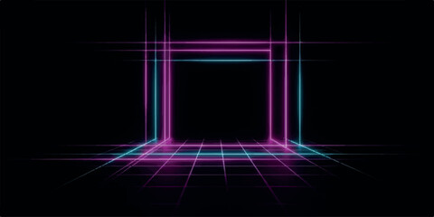 Futuristic virtual reality space with glowing pink and blue neon grid lines.