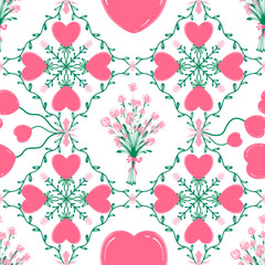 Symmetrical Pink Heart and Floral Vine Seamless Pattern with Bouquet Medallions