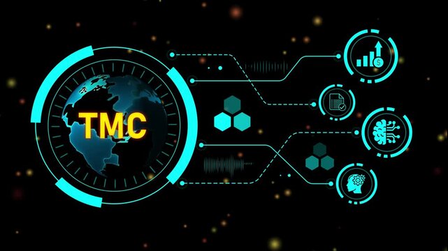 Futuristic Global Network Interface with TMC Acronym and Data Icons technology