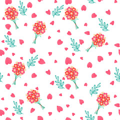 Hand-Drawn Romantic Floral Bouquet and Petal Seamless Pattern