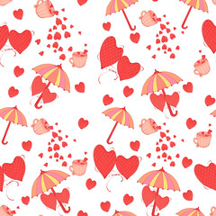 Whimsical Valentine's Day Heart, Umbrella, and Cup Seamless Pattern