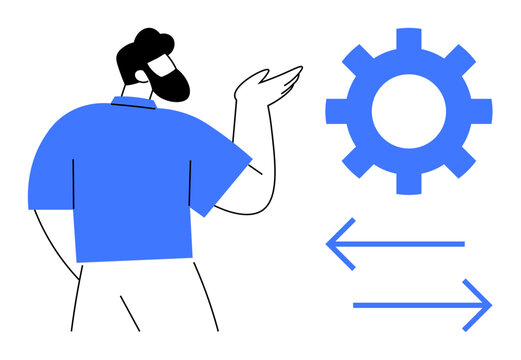 Man pointing to a gear with two opposing arrows. Ideal for teamwork, collaboration, workflow, optimization, strategy, process management, and communication. Clean flat metaphor