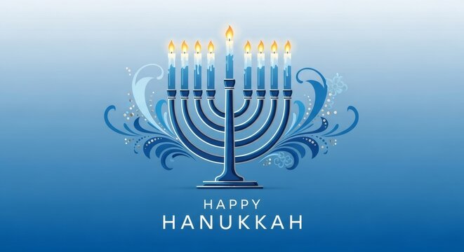TITTLE: Hanukkah menorah with burning candles and decorative blue swirls for holiday greeting card or banner.