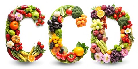 Creative alphabet letters formed from fresh colorful fruits and vegetables alphabet art