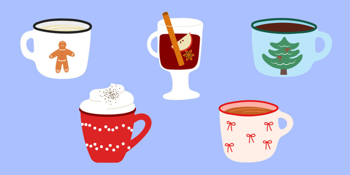 Winter Drinks in mugs and glasses Vector Illustration 
