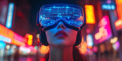 Woman immersed in metaverse experience with vr headset in a vibrant cityscape futuristic and dynamic scene