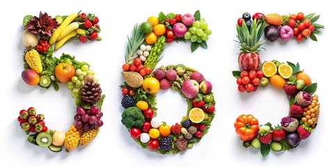 Number five composed of assorted fresh fruits and vegetables vibrant colors