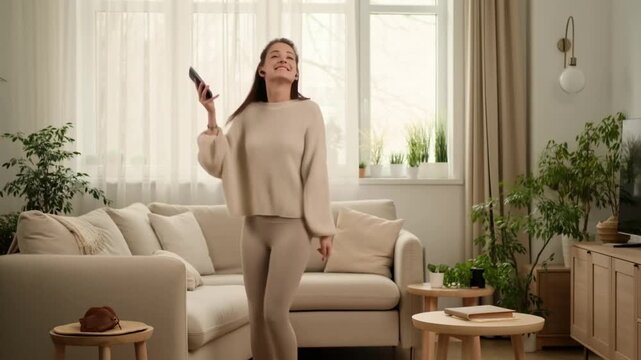 A woman joyfully dancing in her living room with remote in hand, enjoying life Stock Video