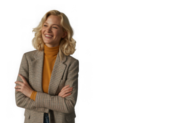 Smiling blonde woman in plaid blazer and orange turtleneck isolated on transparent background