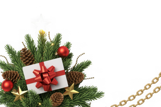 Christmas tree with gift and ornaments isolated on transparent background