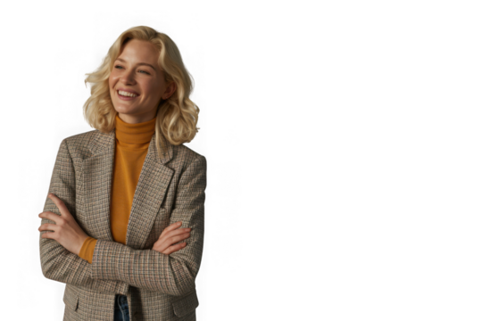 Smiling blonde woman in plaid blazer and orange turtleneck isolated on transparent background