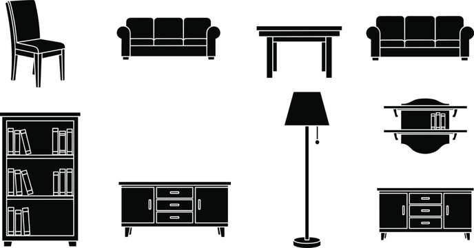 Furniture silhouette collection, home interior vector icons, black household items set, modern furnishing shapes, decor elements pack, flat vector illustration