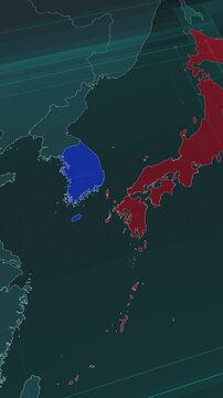 Vertical portrait, zoom in to the map of Tsushima Strait between Japan and South Korea, with text, textless.