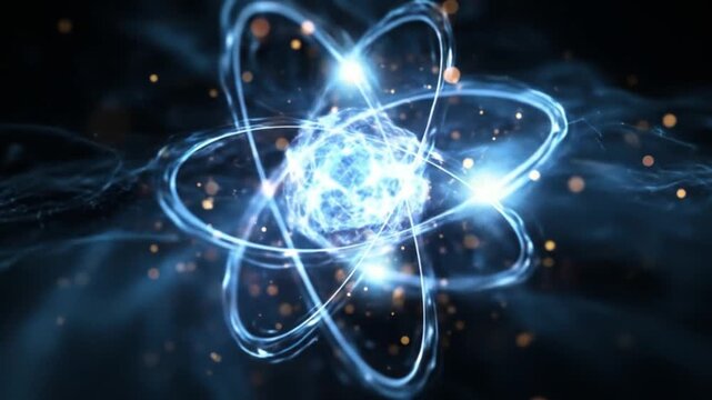 Vibrant blue atomic model with glowing electron orbits spiraling around a radiant nucleus in space.