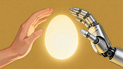 Human hand and robotic hand holding a glowing egg