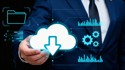 Businessman holding a glowing cloud icon with download symbol, surrounded by digital data graphics and technology elements