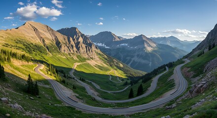 Scenic Winding Mountain Road with Switchbacks Through a Green Valley.