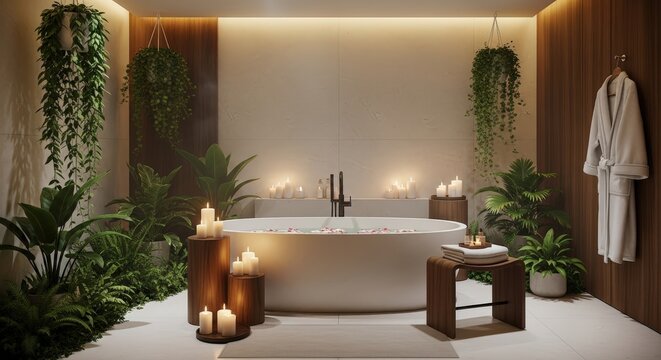 Serene Spa Bathroom with Bathtub Lush Green Plants and Romantic Candlelight Ambiance