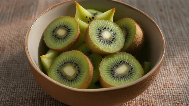 Warm daylight shot of a small bowl of mixed fresh kiwi fruit set on a textured linen surface; clean composition with soft shadows and generous copy space, ideal for recipes, menus, or wellness visuals