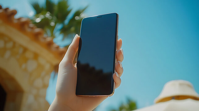 Womans hand holds smartphone by tropical resort on bright sunny day vacation technology