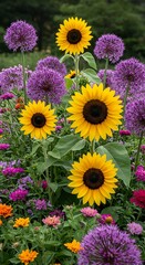 Vibrant Summer Garden Bursting with Sunflowers and Purple Alliums.